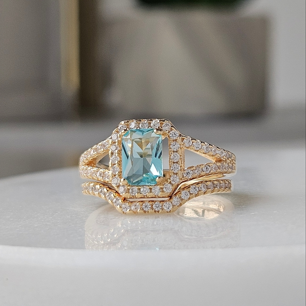 Blue and Teal tourmaline ombre stone ring, 925 Sterling Silver Charmed Aroma BP